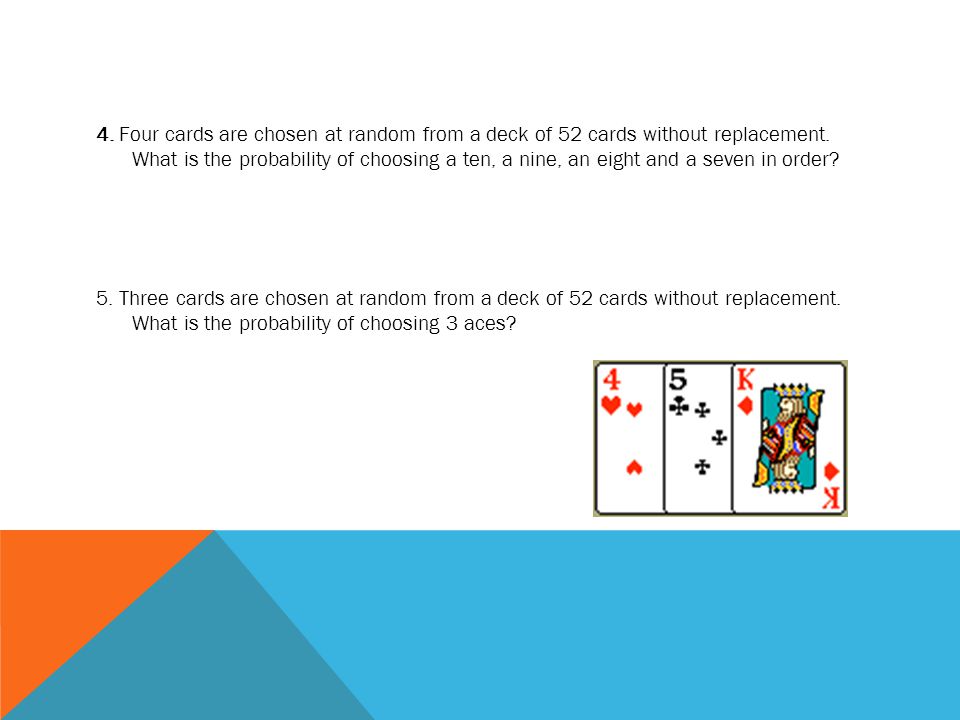 4. Four cards are chosen at random from a deck of 52 cards without replacement.