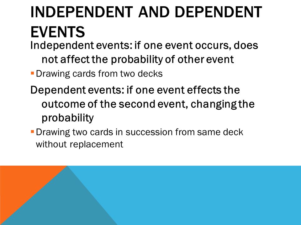 INDEPENDENT AND DEPENDENT EVENTS Independent events: if one event occurs, does not affect the probability of other event  Drawing cards from two decks Dependent events: if one event effects the outcome of the second event, changing the probability  Drawing two cards in succession from same deck without replacement