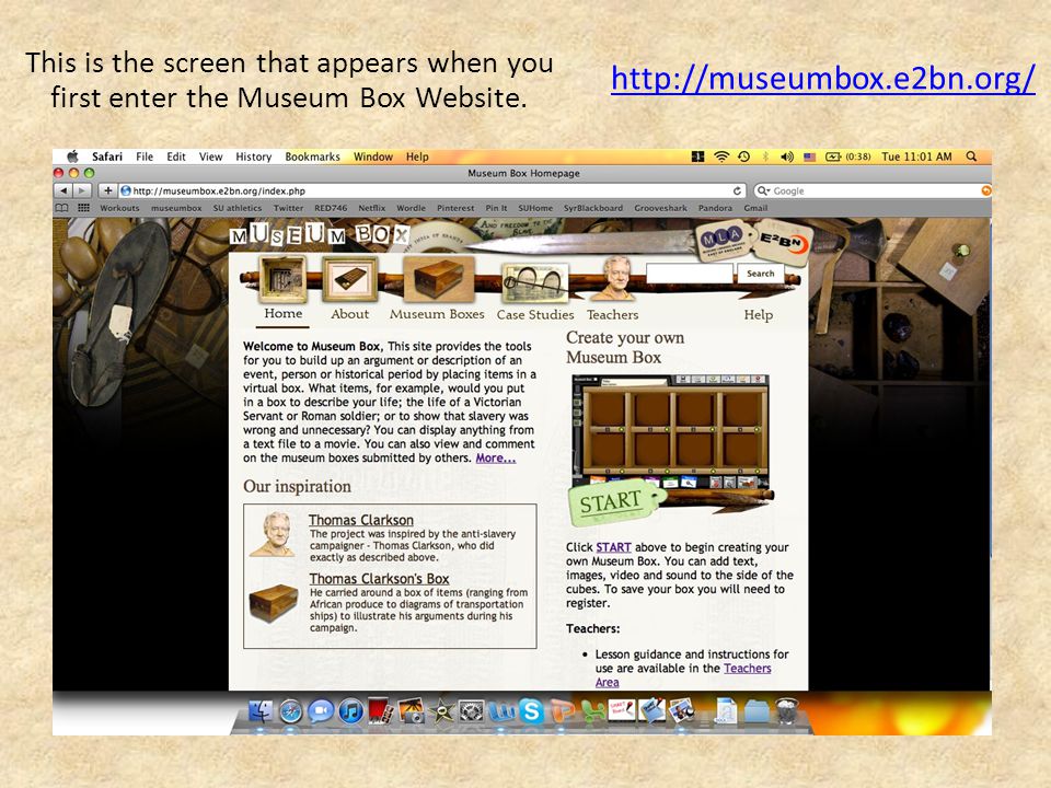 This is the screen that appears when you first enter the Museum Box Website.