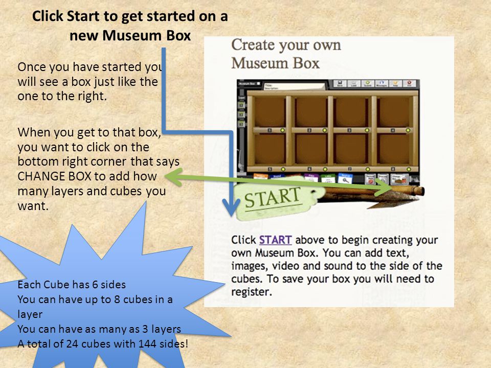 Click Start to get started on a new Museum Box Once you have started you will see a box just like the one to the right.