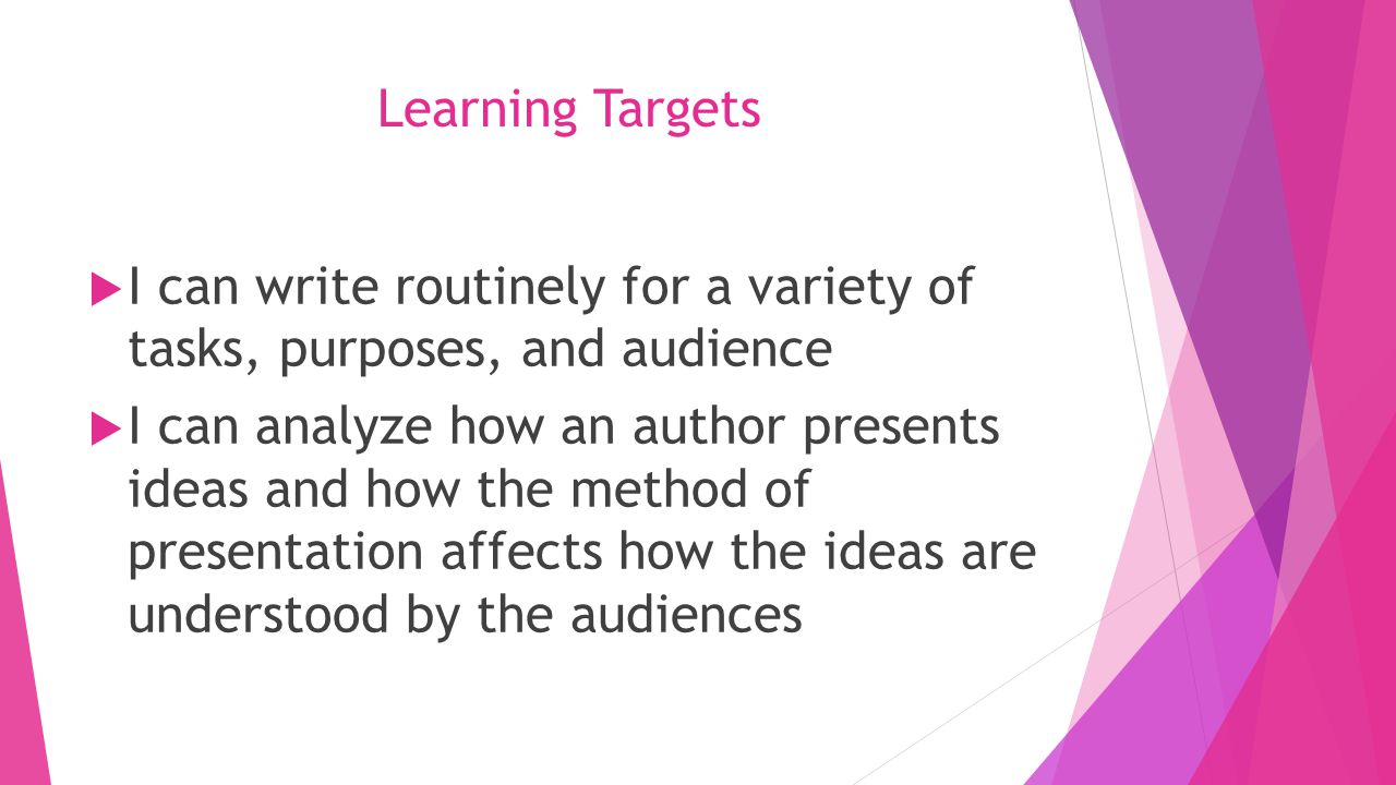 Learning Targets  I can write routinely for a variety of tasks, purposes, and audience  I can analyze how an author presents ideas and how the method of presentation affects how the ideas are understood by the audiences