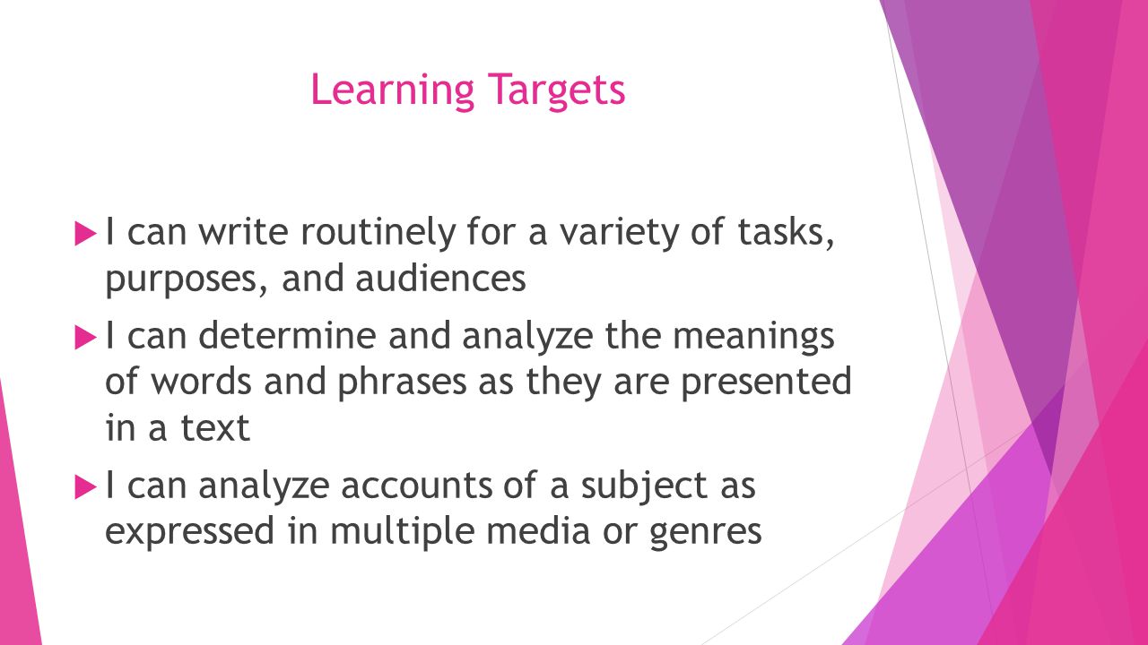 Learning Targets  I can write routinely for a variety of tasks, purposes, and audiences  I can determine and analyze the meanings of words and phrases as they are presented in a text  I can analyze accounts of a subject as expressed in multiple media or genres