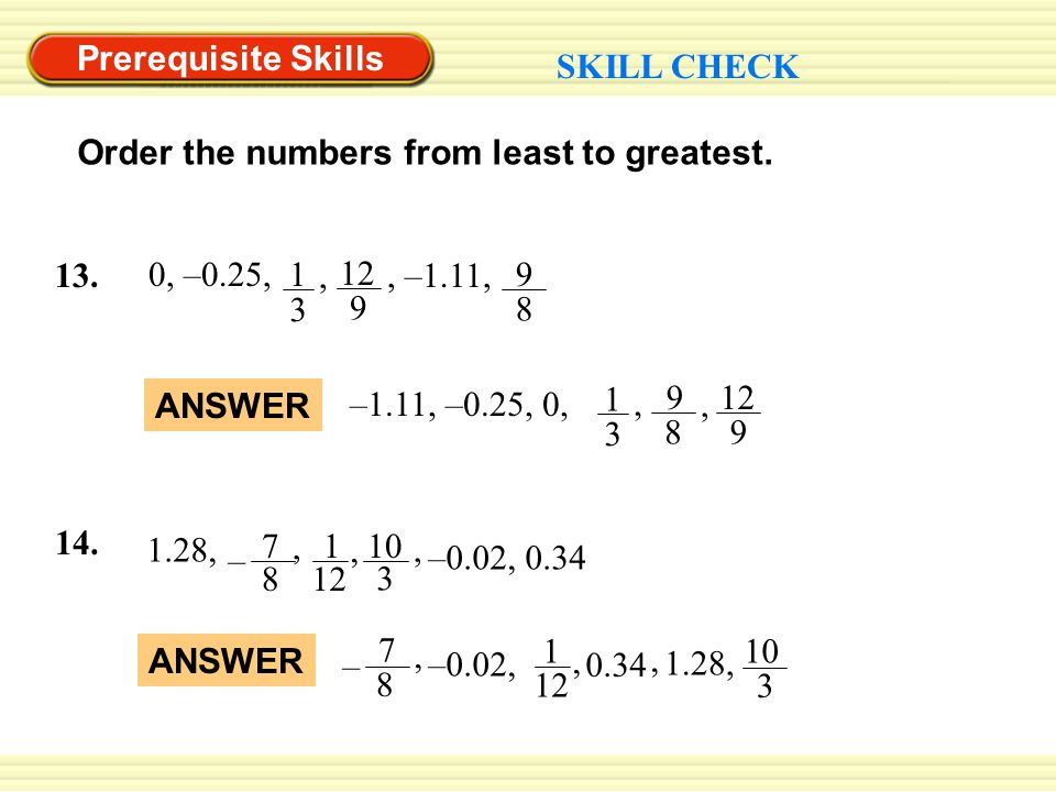 Prerequisite Skills SKILL CHECK Order the numbers from least to greatest.