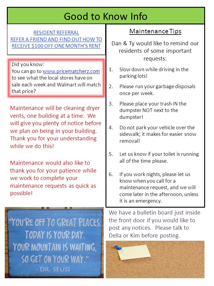 Grandview Apartments From The Manager S Desk Please Remember To Good To Know Info Maintenance Tips Dan Ty Would Like Remind Our Residents Of