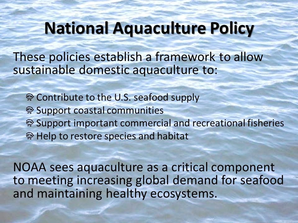 National Aquaculture Policy These policies establish a framework to allow sustainable domestic aquaculture to: Contribute to the U.S.