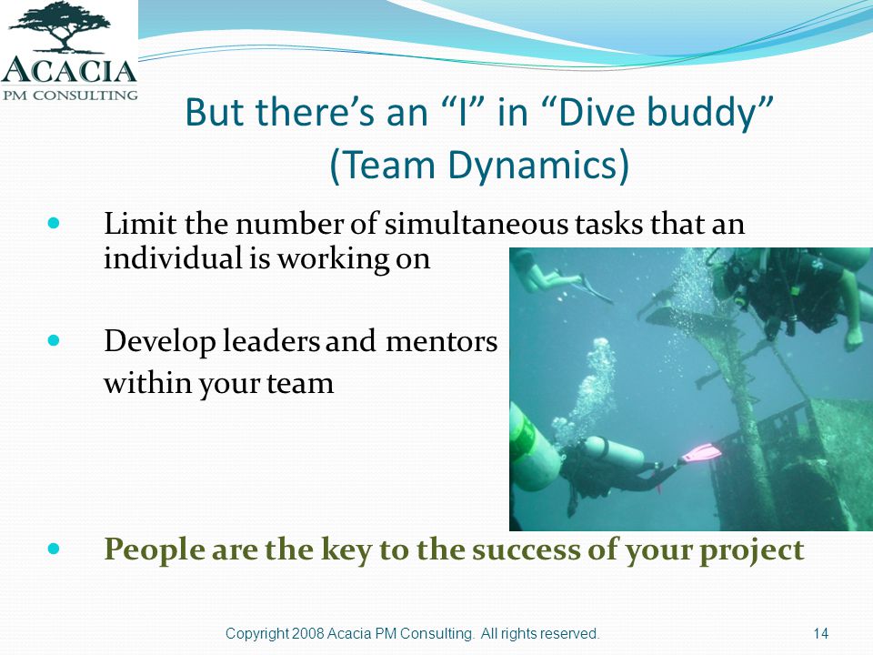 But there’s an I in Dive buddy (Team Dynamics) Limit the number of simultaneous tasks that an individual is working on Develop leaders and mentors within your team People are the key to the success of your project Copyright 2008 Acacia PM Consulting.