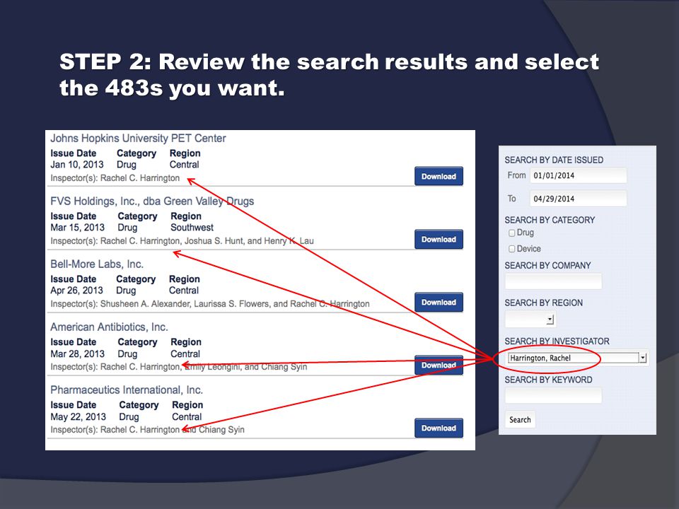 STEP 2: Review the search results and select the 483s you want.