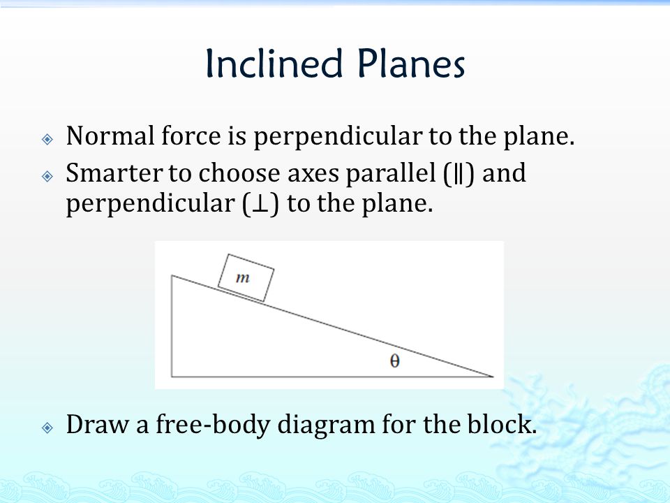 Inclined Planes  Normal force is perpendicular to the plane.