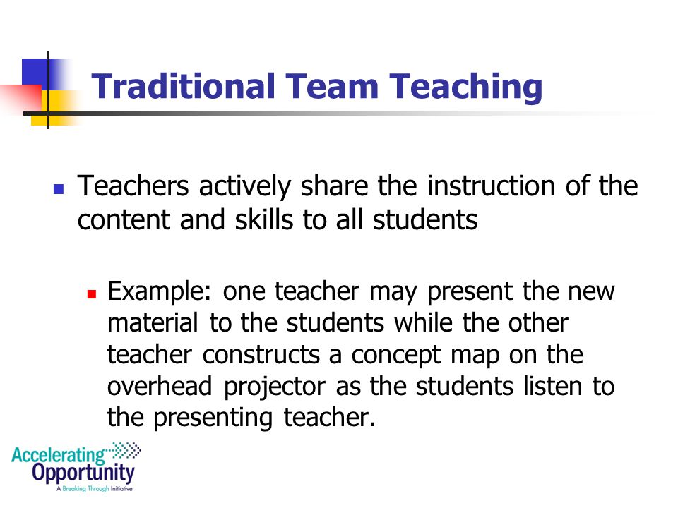 Six Models of Team Teaching Traditional Team Teaching Collaborative Teaching Complementary/Supportive Team Teaching Parallel Instruction Differentiated Split Class Monitoring Teacher
