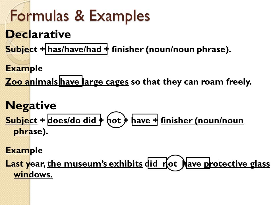 Formulas & Examples Declarative Subject + has/have/had + finisher (noun/noun phrase).