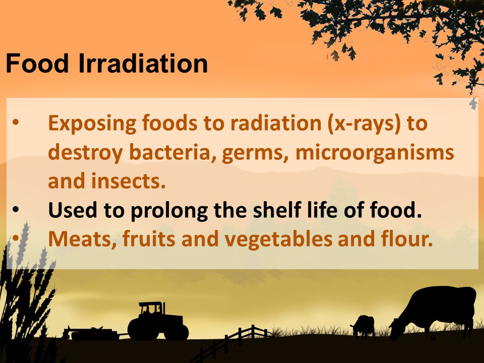 Exposing foods to radiation (x-rays) to destroy bacteria, germs, microorganisms and insects.