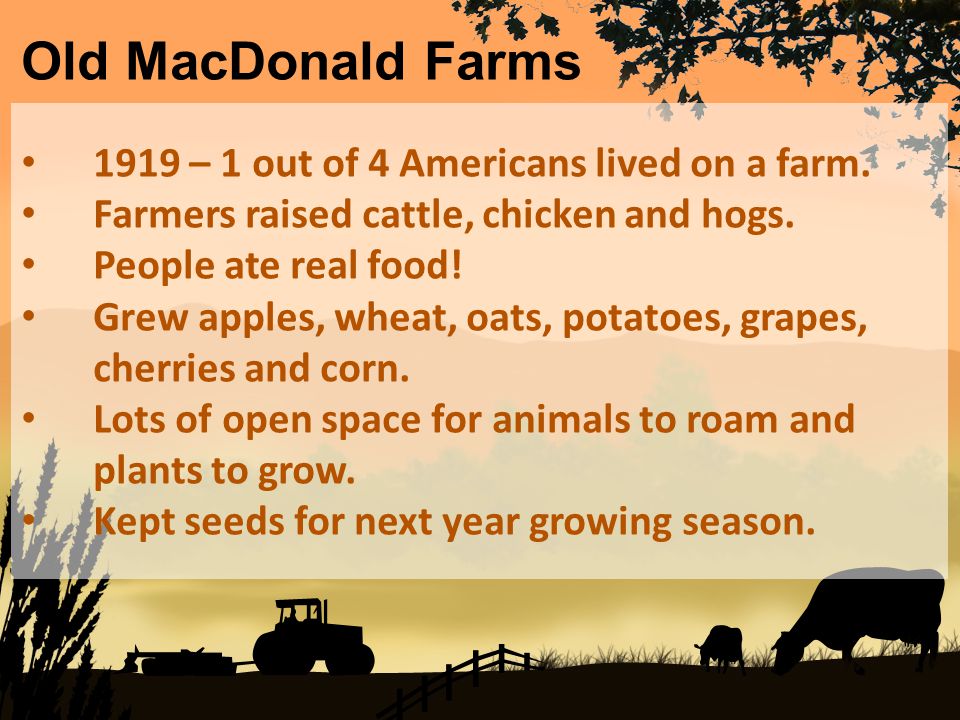 1919 – 1 out of 4 Americans lived on a farm. Farmers raised cattle, chicken and hogs.