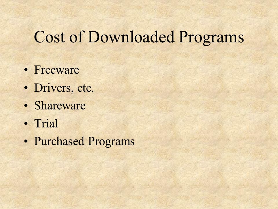 Cost of Downloaded Programs Freeware Drivers, etc. Shareware Trial Purchased Programs