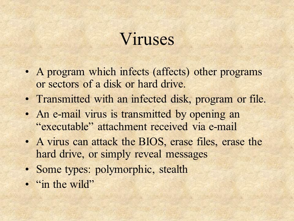 Viruses A program which infects (affects) other programs or sectors of a disk or hard drive.