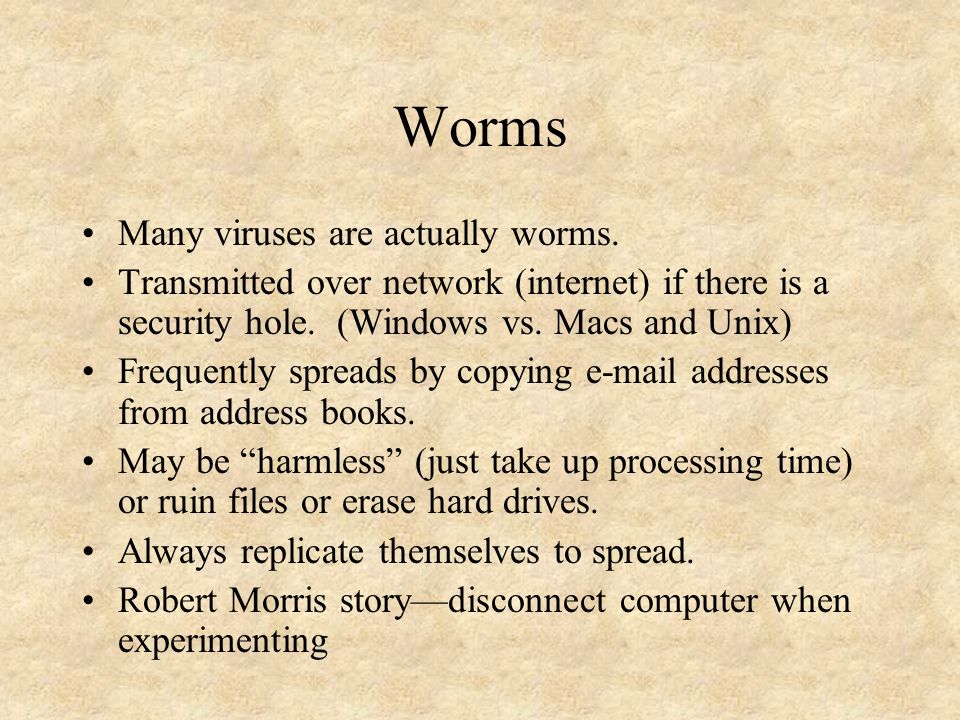 Worms Many viruses are actually worms.