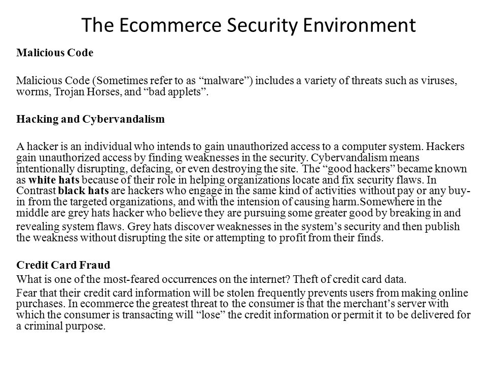 The Ecommerce Security Environment Malicious Code Malicious Code (Sometimes refer to as malware ) includes a variety of threats such as viruses, worms, Trojan Horses, and bad applets .