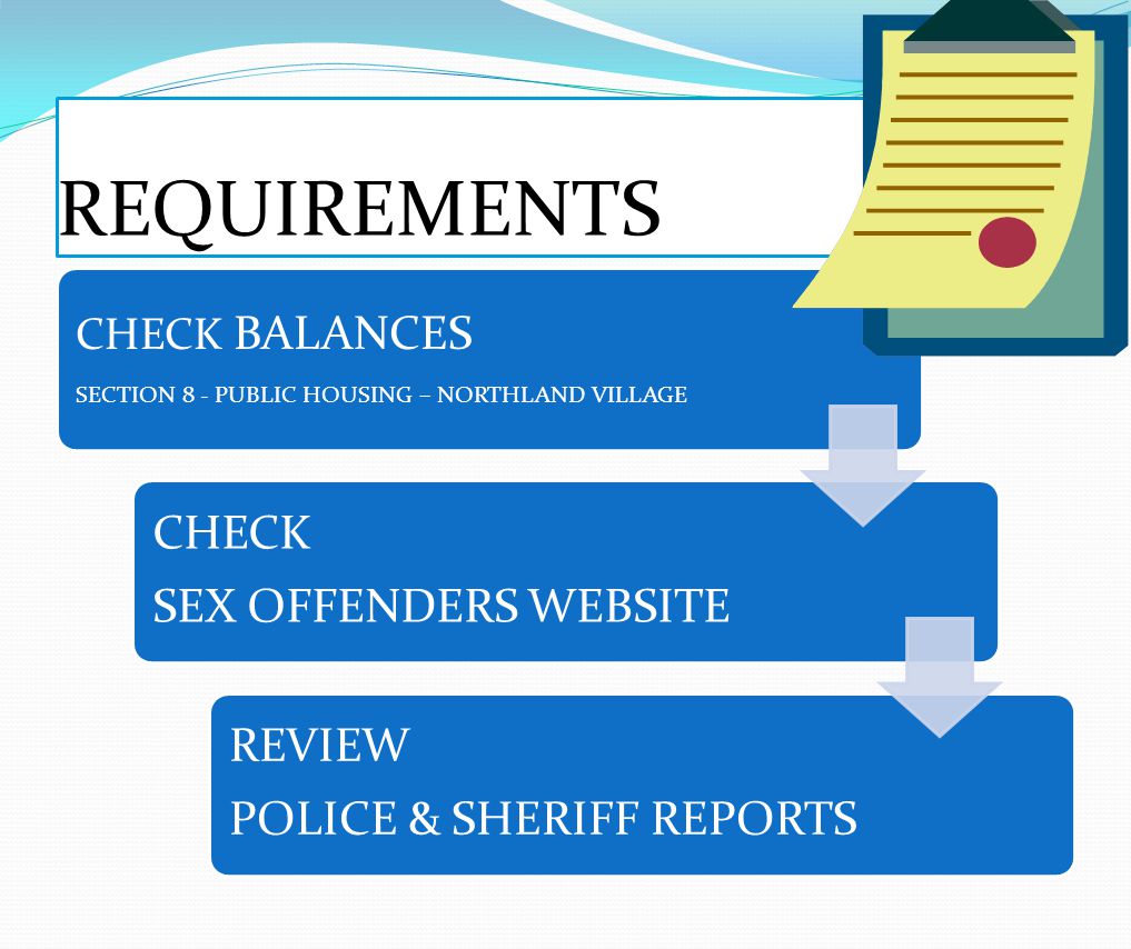 REQUIREMENTS CHECK BALANCES SECTION 8 - PUBLIC HOUSING – NORTHLAND VILLAGE CHECK SEX OFFENDERS WEBSITE REVIEW POLICE & SHERIFF REPORTS