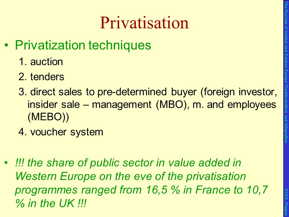 Privatisation Privatization techniques 1. auction 2.