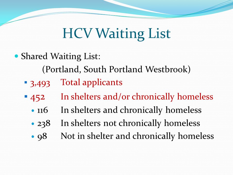 HCV Waiting List Shared Waiting List: (Portland, South Portland Westbrook)  3,493Total applicants  452 In shelters and/or chronically homeless 116In shelters and chronically homeless 238In shelters not chronically homeless 98Not in shelter and chronically homeless