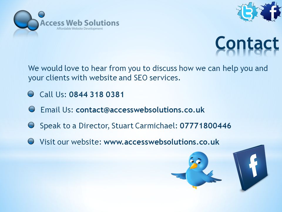 We would love to hear from you to discuss how we can help you and your clients with website and SEO services.
