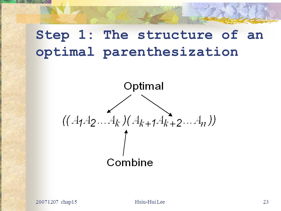 chap15Hsiu-Hui Lee23 Step 1: The structure of an optimal parenthesization