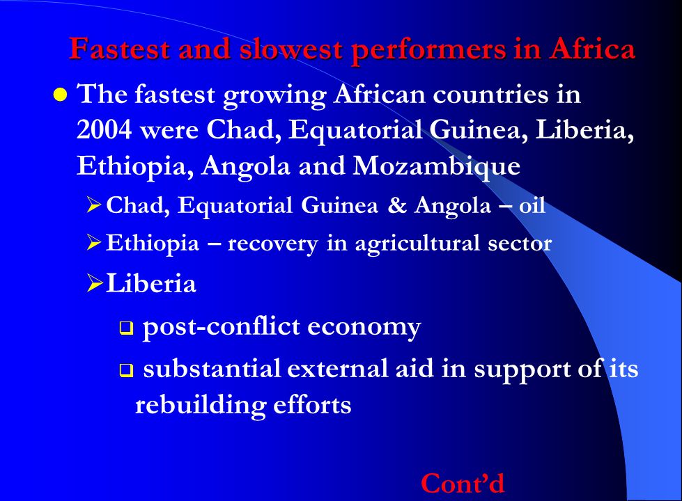 Fastest and slowest performers in Africa The fastest growing African countries in 2004 were Chad, Equatorial Guinea, Liberia, Ethiopia, Angola and Mozambique  Chad, Equatorial Guinea & Angola – oil  Ethiopia – recovery in agricultural sector  Liberia  post-conflict economy  substantial external aid in support of its rebuilding efforts Cont’d