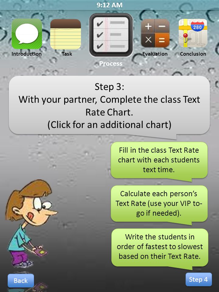 9:12 AM Step 3: With your partner, Complete the class Text Rate Chart.
