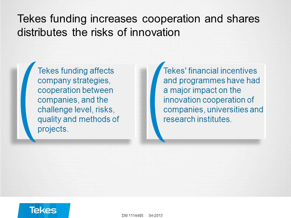 Tekes funding increases cooperation and shares distributes the risks of innovation DM Tekes funding affects company strategies, cooperation between companies, and the challenge level, risks, quality and methods of projects.