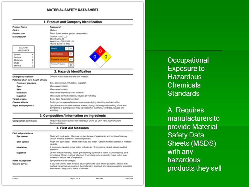 Occupational Exposure to Hazardous Chemicals Standards A.