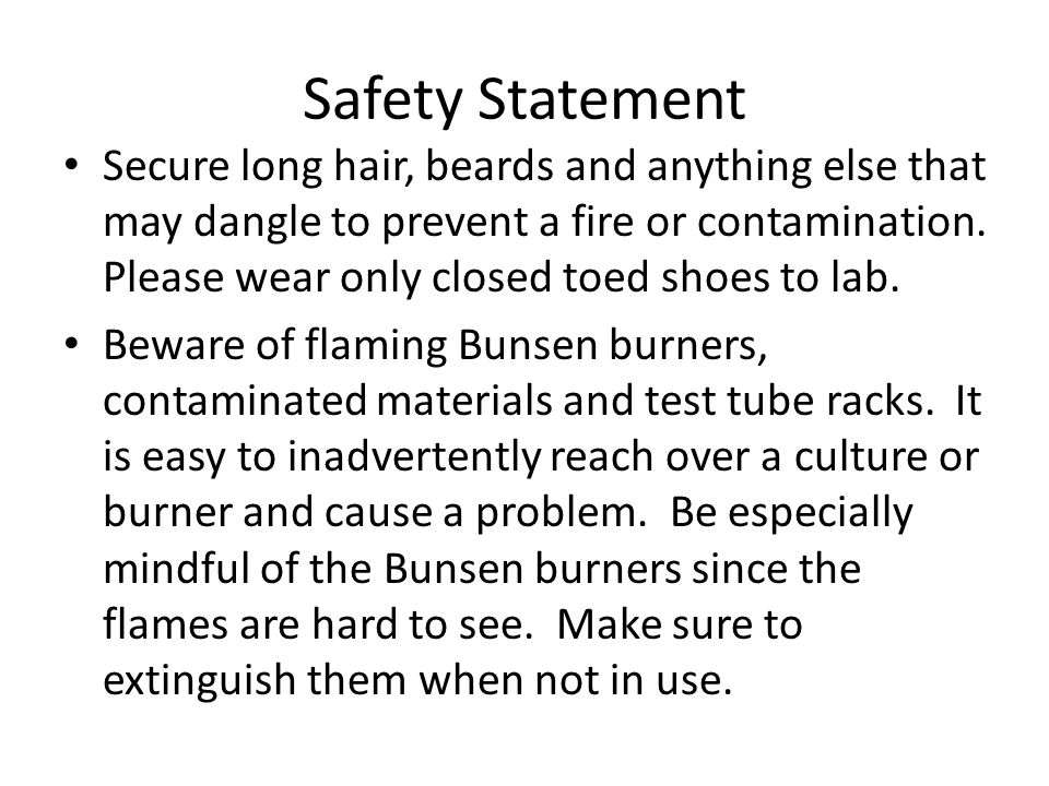 Safety Statement Secure long hair, beards and anything else that may dangle to prevent a fire or contamination.