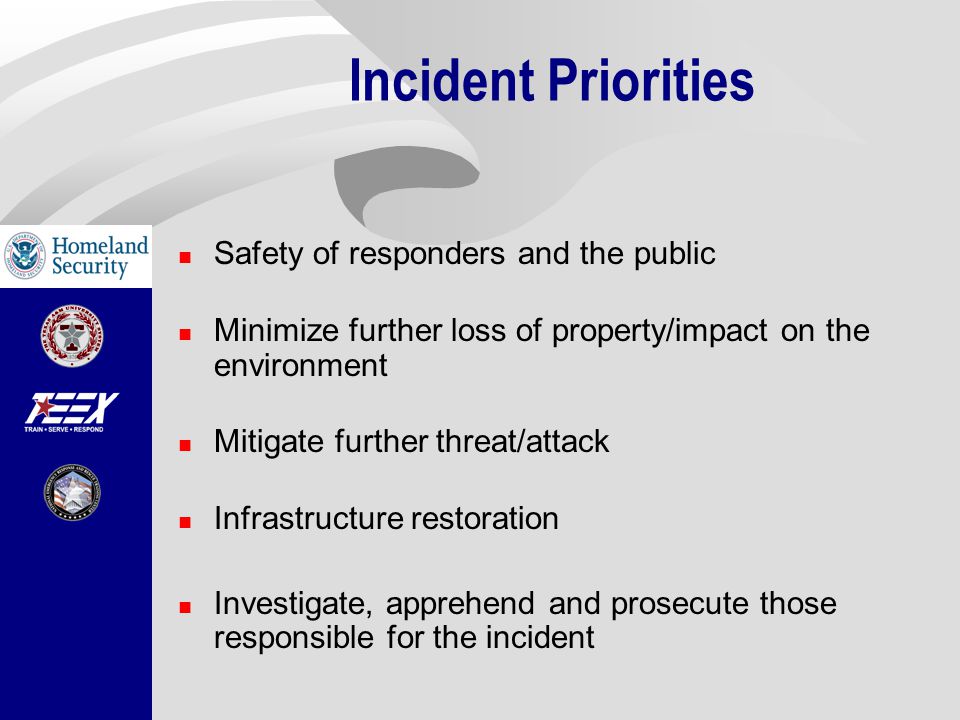 Incident Priorities Safety of responders and the public Minimize further loss of property/impact on the environment Mitigate further threat/attack Infrastructure restoration Investigate, apprehend and prosecute those responsible for the incident