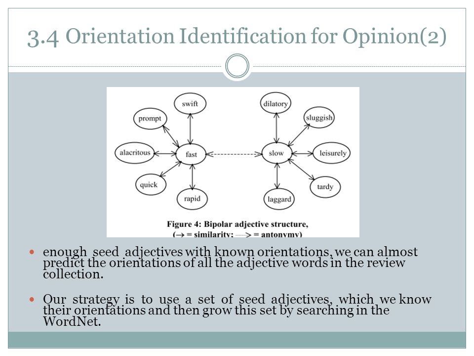3.4 Orientation Identification for Opinion(2) enough seed adjectives with known orientations, we can almost predict the orientations of all the adjective words in the review collection.