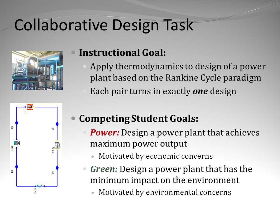 Collaborative Design Task Instructional Goal: Apply thermodynamics to design of a power plant based on the Rankine Cycle paradigm Each pair turns in exactly one design Competing Student Goals: Power: Design a power plant that achieves maximum power output Motivated by economic concerns Green: Design a power plant that has the minimum impact on the environment Motivated by environmental concerns