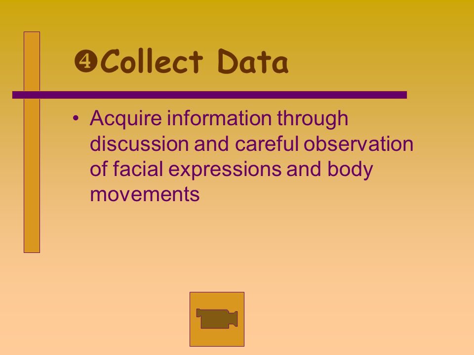  Collect Data Acquire information through discussion and careful observation of facial expressions and body movements