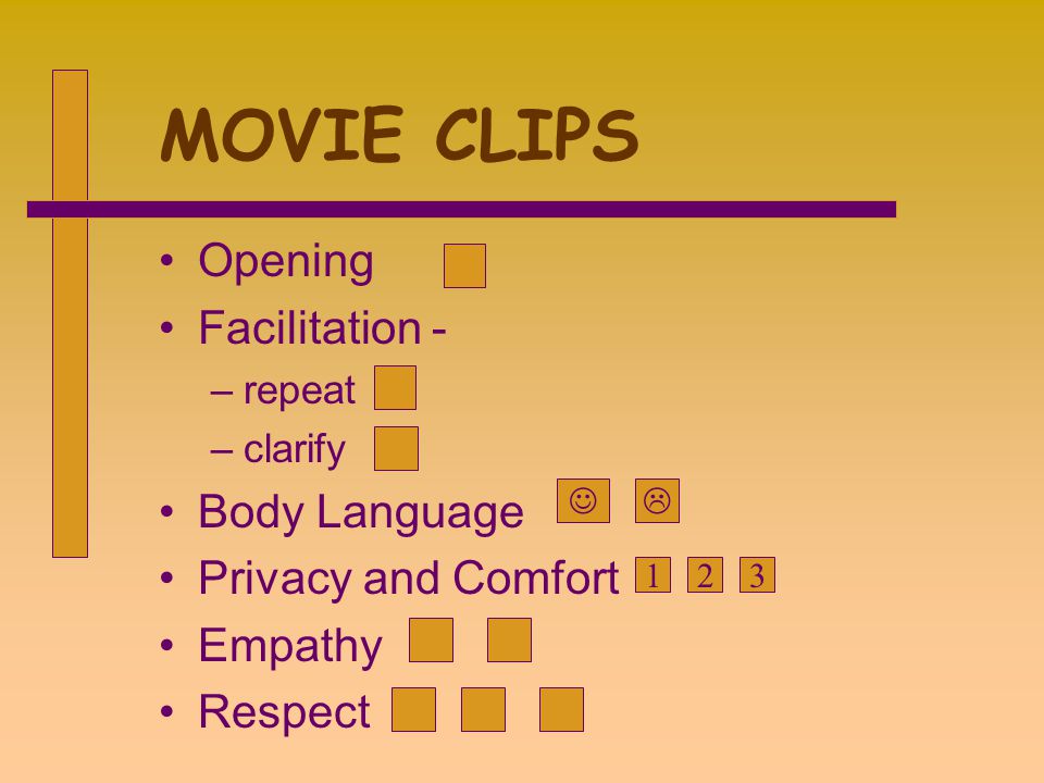 MOVIE CLIPS Opening Facilitation - –repeat –clarify Body Language Privacy and Comfort Empathy Respect  123
