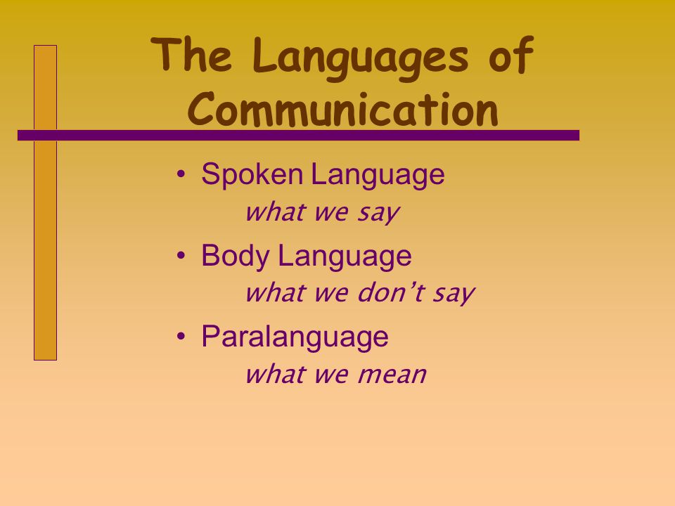 The Languages of Communication Spoken Language what we say Body Language what we don’t say Paralanguage what we mean