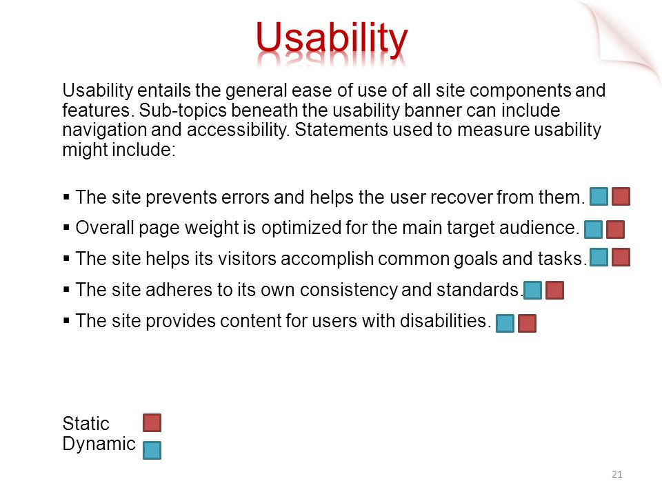 Usability entails the general ease of use of all site components and features.