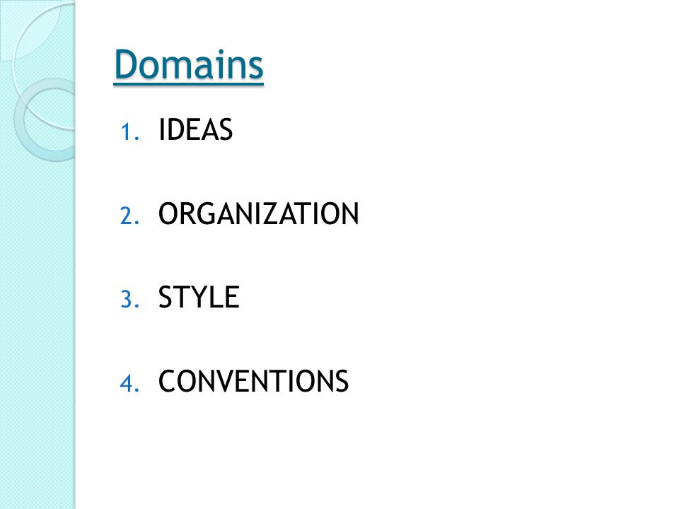 Domains 1. IDEAS 2. ORGANIZATION 3. STYLE 4. CONVENTIONS