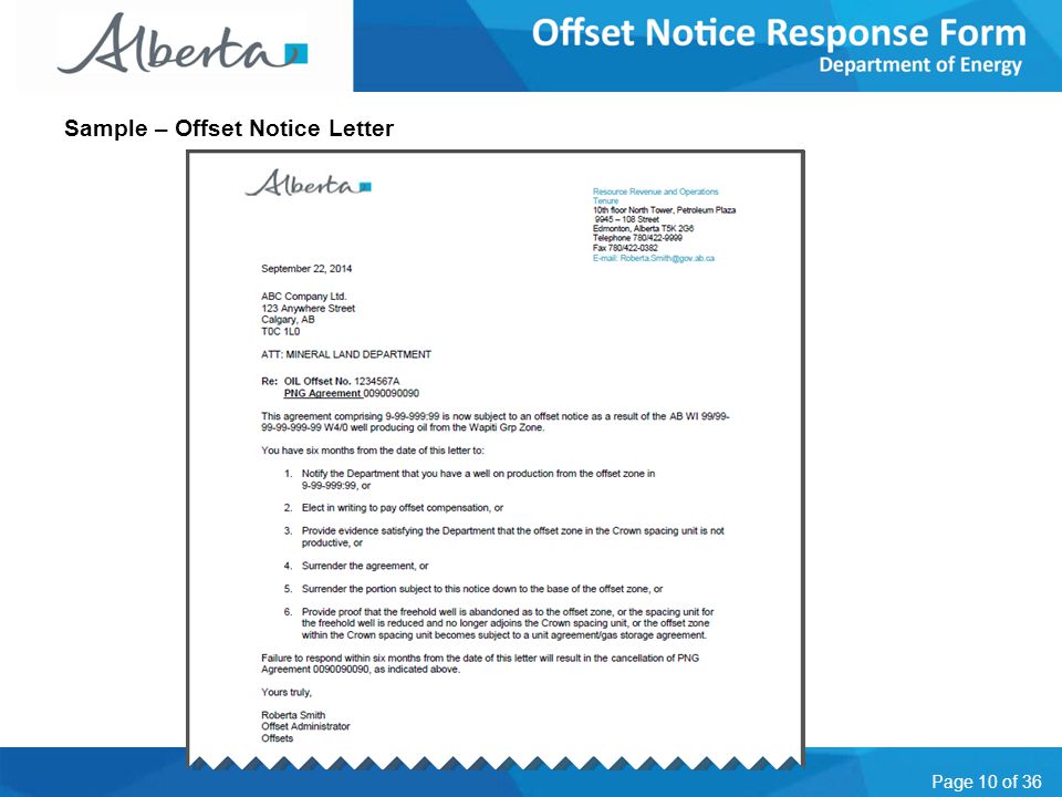 Page 10 of 36 Sample – Offset Notice Letter