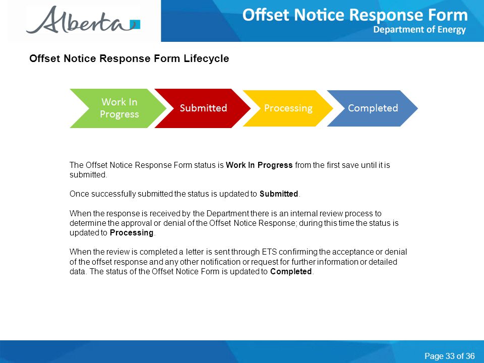 Page 33 of 36 Offset Notice Response Form Lifecycle The Offset Notice Response Form status is Work In Progress from the first save until it is submitted.