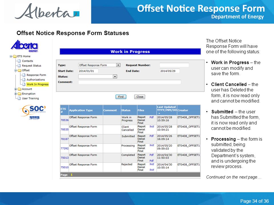 Page 34 of 36 Offset Notice Response Form Statuses The Offset Notice Response Form will have one of the following status: Work in Progress – the user can modify and save the form.