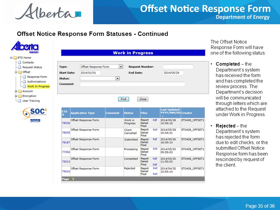 Page 35 of 36 Offset Notice Response Form Statuses - Continued The Offset Notice Response Form will have one of the following status: Completed – the Department’s system has received the form and has completed the review process.