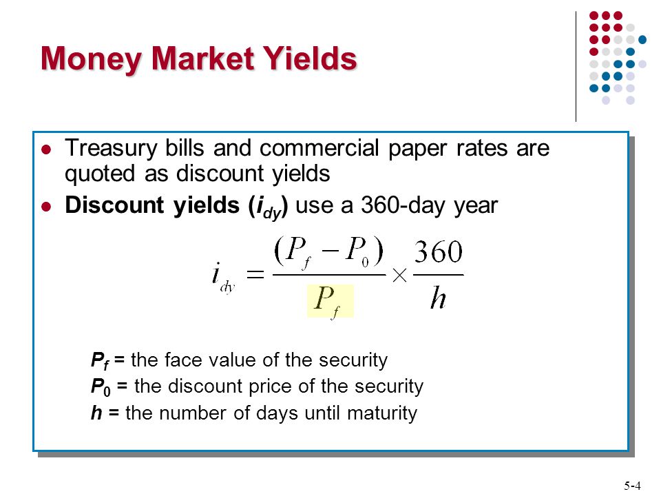 5-4 Money Market Yields Treasury bills and commercial paper rates are quoted as discount yields Discount yields (i dy ) use a 360-day year P f = the face value of the security P 0 = the discount price of the security h = the number of days until maturity Treasury bills and commercial paper rates are quoted as discount yields Discount yields (i dy ) use a 360-day year P f = the face value of the security P 0 = the discount price of the security h = the number of days until maturity