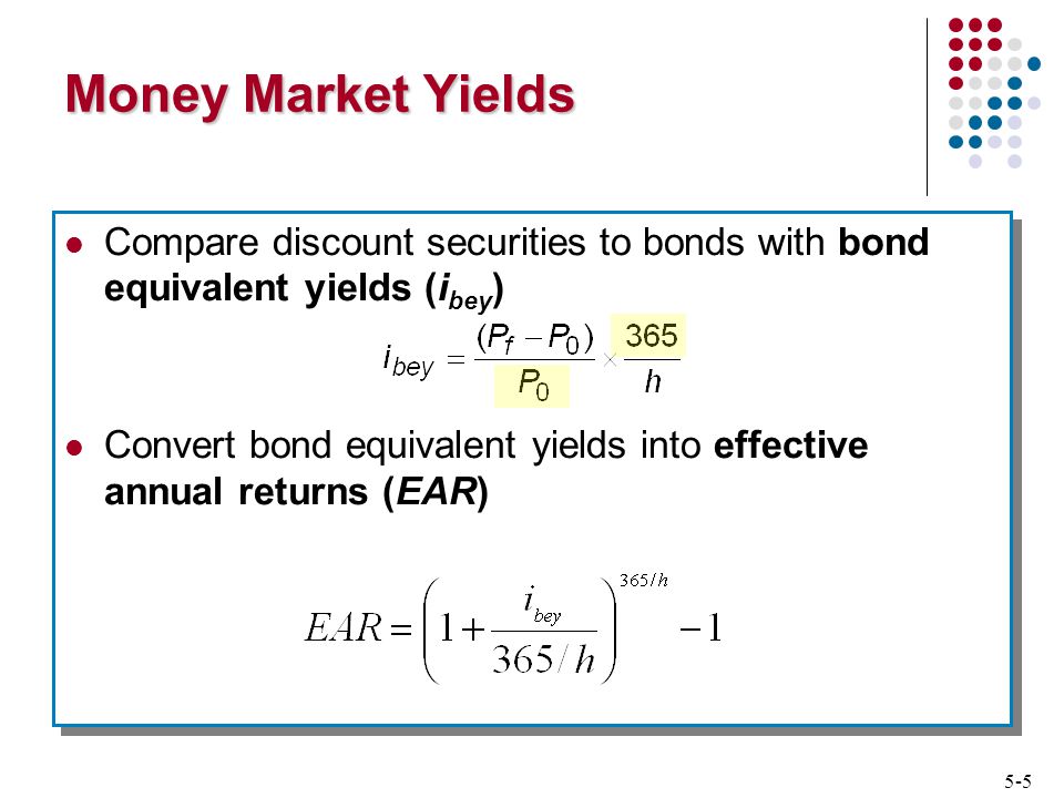 5-5 Money Market Yields Compare discount securities to bonds with bond equivalent yields (i bey ) Convert bond equivalent yields into effective annual returns (EAR) Compare discount securities to bonds with bond equivalent yields (i bey ) Convert bond equivalent yields into effective annual returns (EAR)