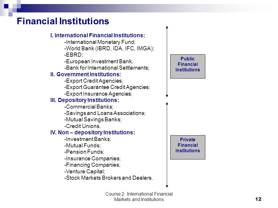 Course 2: International Financial Markets and Institutions12 Financial Institutions Public Financial Institutions Private Financial Institutions I.