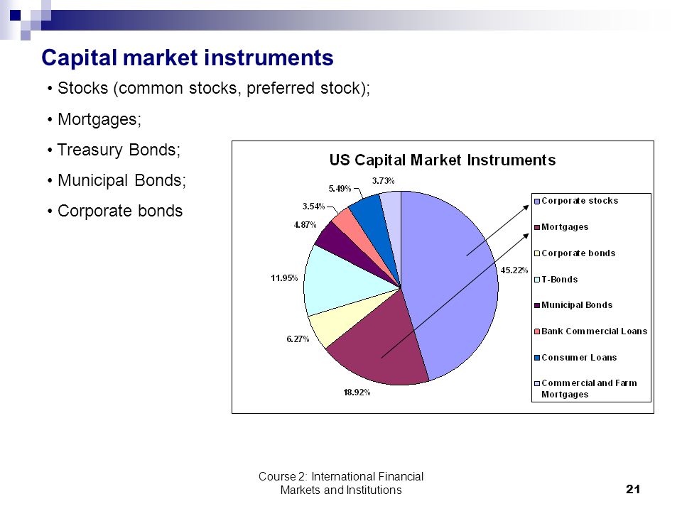 Course 2: International Financial Markets and Institutions21 Capital market instruments Stocks (common stocks, preferred stock); Mortgages; Treasury Bonds; Municipal Bonds; Corporate bonds