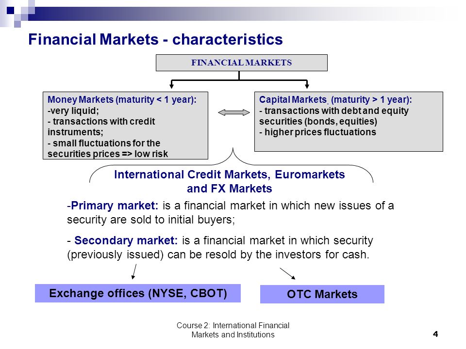 Course 2: International Financial Markets and Institutions4 Financial Markets - characteristics Money Markets (maturity < 1 year): -very liquid; - transactions with credit instruments; - small fluctuations for the securities prices => low risk FINANCIAL MARKETS Capital Markets (maturity > 1 year): - transactions with debt and equity securities (bonds, equities) - higher prices fluctuations International Credit Markets, Euromarkets and FX Markets -Primary market: is a financial market in which new issues of a security are sold to initial buyers; - Secondary market: is a financial market in which security (previously issued) can be resold by the investors for cash.