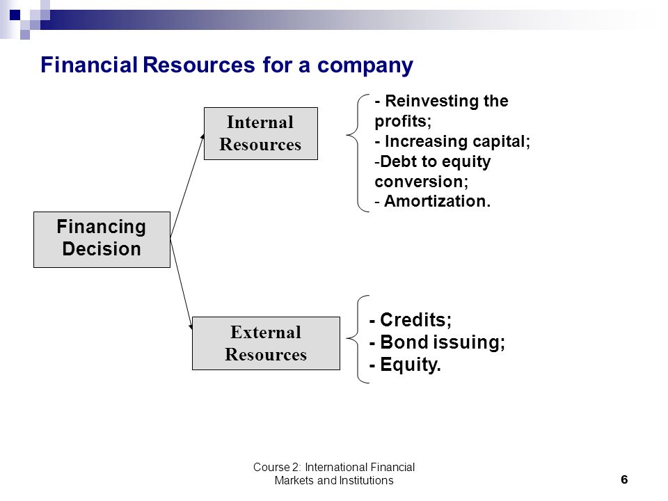 Course 2: International Financial Markets and Institutions6 Financial Resources for a company Financing Decision Internal Resources External Resources - Reinvesting the profits; - Increasing capital; -Debt to equity conversion; - Amortization.