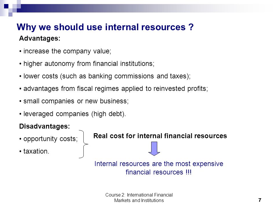 Course 2: International Financial Markets and Institutions7 Advantages: increase the company value; higher autonomy from financial institutions; lower costs (such as banking commissions and taxes); advantages from fiscal regimes applied to reinvested profits; small companies or new business; leveraged companies (high debt).