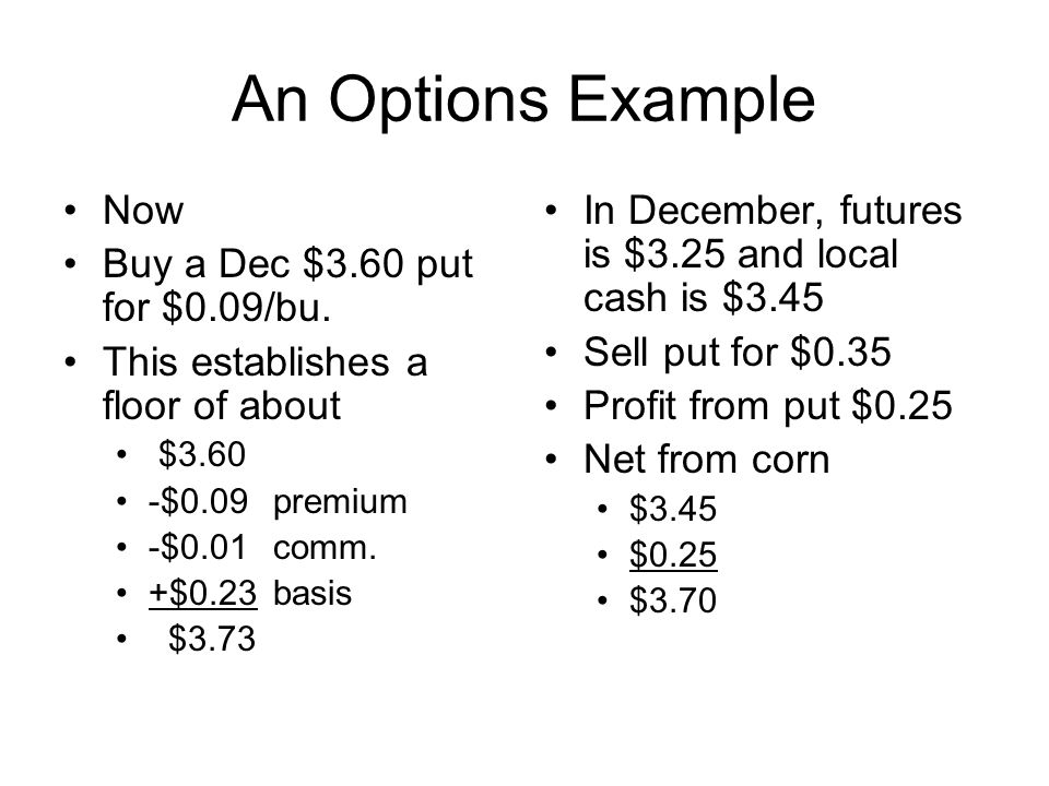 An Options Example Now Buy a Dec $3.60 put for $0.09/bu.